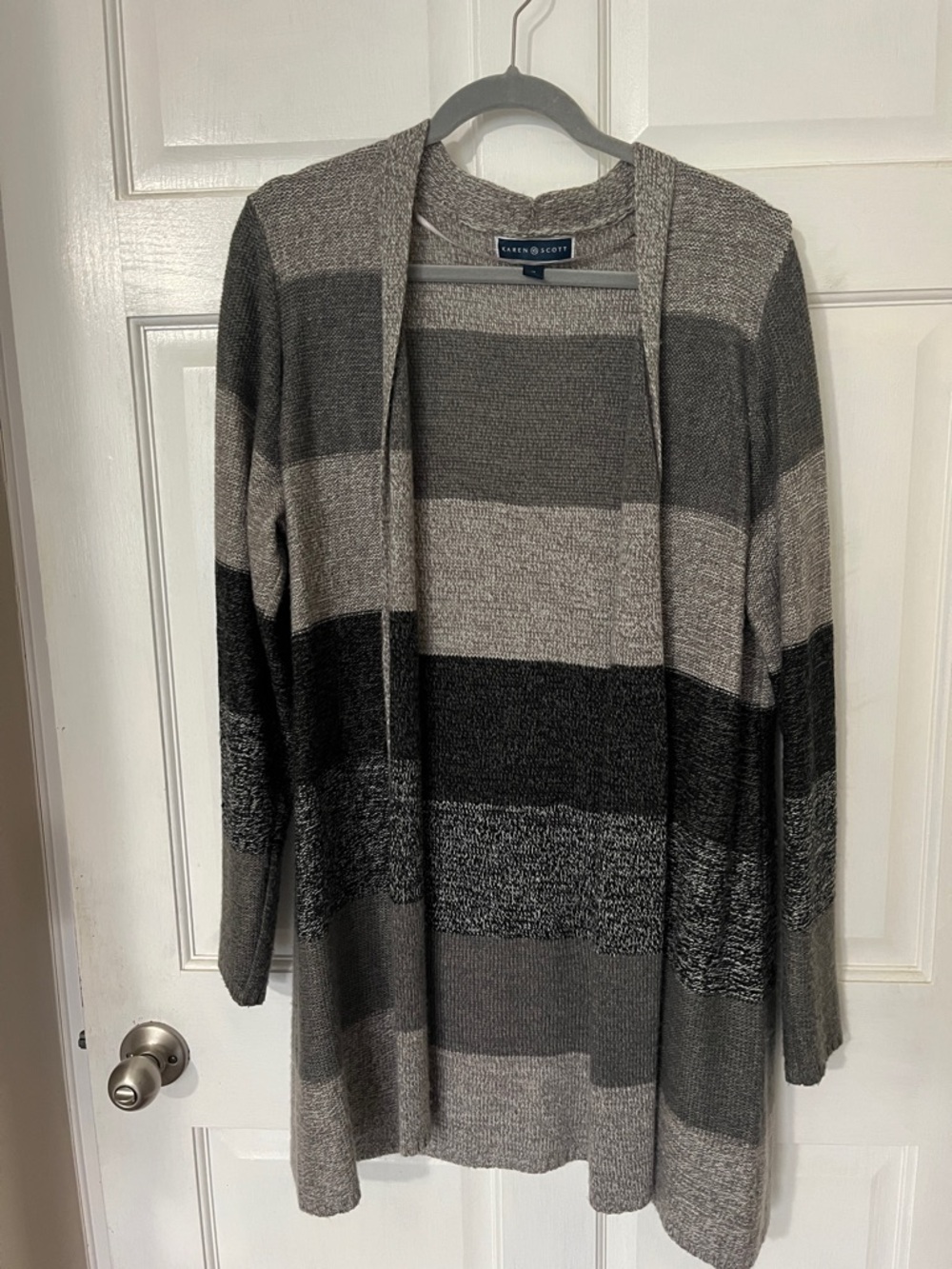 Karen Scott Gray & Black Striped Open-Front Cardigan